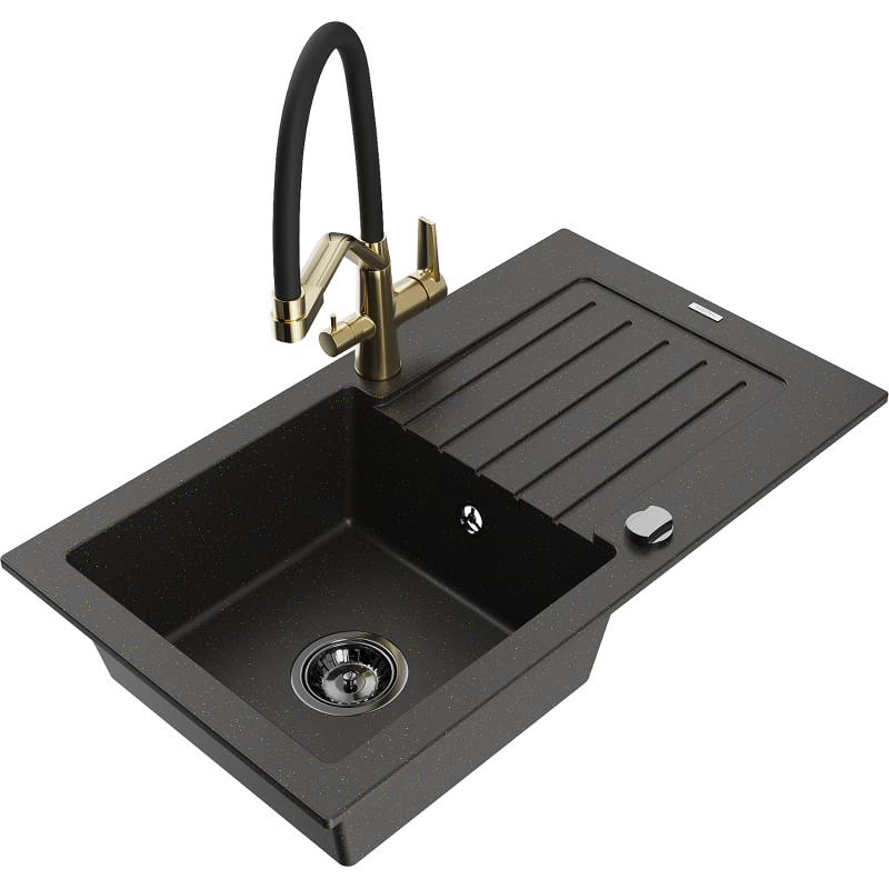 Mexen Pablo Granite Sink 1-Bowl with Drainer and Duo Kitchen Tap, Black/Gold Metallic - 6510-75-671701-57-B