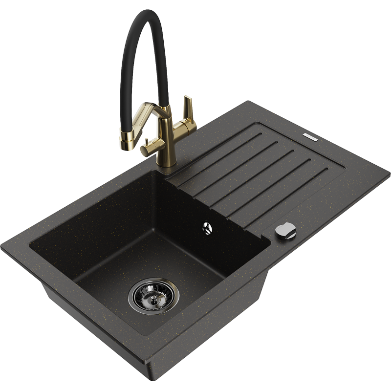Mexen Pablo Granitspüle 1-Becken mit Abtropffläche und Küchenarmatur Duo, schwarz/gold metallic - 6510-75-671701-57-B