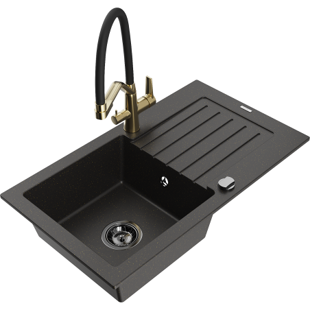 Mexen Pablo Granite Sink 1-Bowl with Drainer and Duo Kitchen Tap, Black/Gold Metallic - 6510-75-671701-57-B