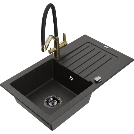 Mexen Pablo Granitspüle 1-Becken mit Abtropffläche und Küchenarmatur Duo, schwarz/gold metallic - 6510-75-671701-57-B