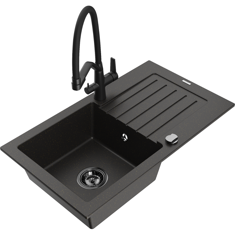 Mexen Pablo granite sink 1-bowl with drainer and kitchen tap Duo, black/gold metallic - 6510-75-671701-70-B