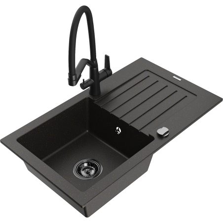 Mexen Pablo granite sink 1-bowl with drainer and kitchen tap Duo, black/gold metallic - 6510-75-671701-70-B