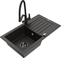 Mexen Pablo granite sink 1-bowl with drainer and kitchen tap Duo, black/gold metallic - 6510-75-671701-70-B