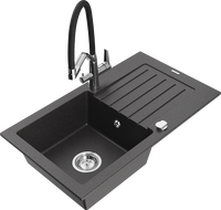 Mexen Pablo single-bowl granite sink with drainer and Duo kitchen tap, speckled black - 6510-76-671701-07