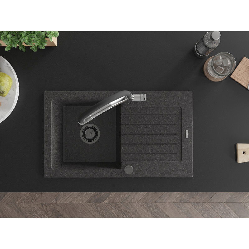 Mexen Pablo granitizlietne 1-kameras izlietne ar notecētāju un virtuves krānu Duo, melns ar baltu punktēts