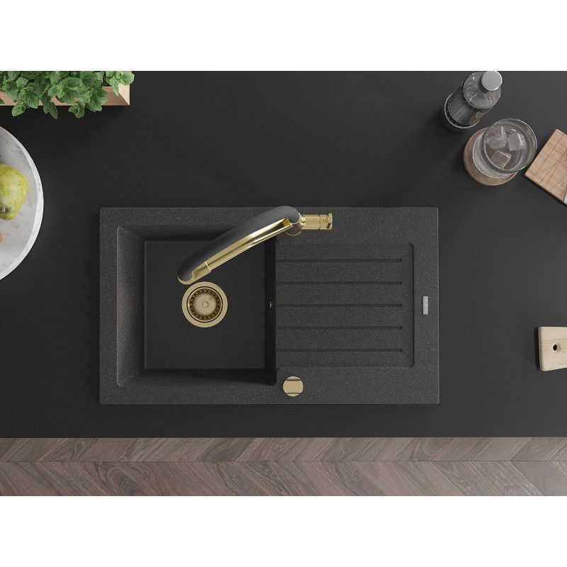 Mexen Pablo évier en granit à 1 bac avec égouttoir et robinet de cuisine Duo, noir moucheté - 6510-76-671701-57-G
