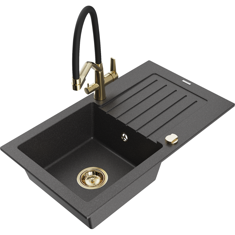 Mexen Pablo fregadero de granito de 1 cuenca con escurridor y grifo de cocina Duo, negro moteado - 6510-76-671701-57-G