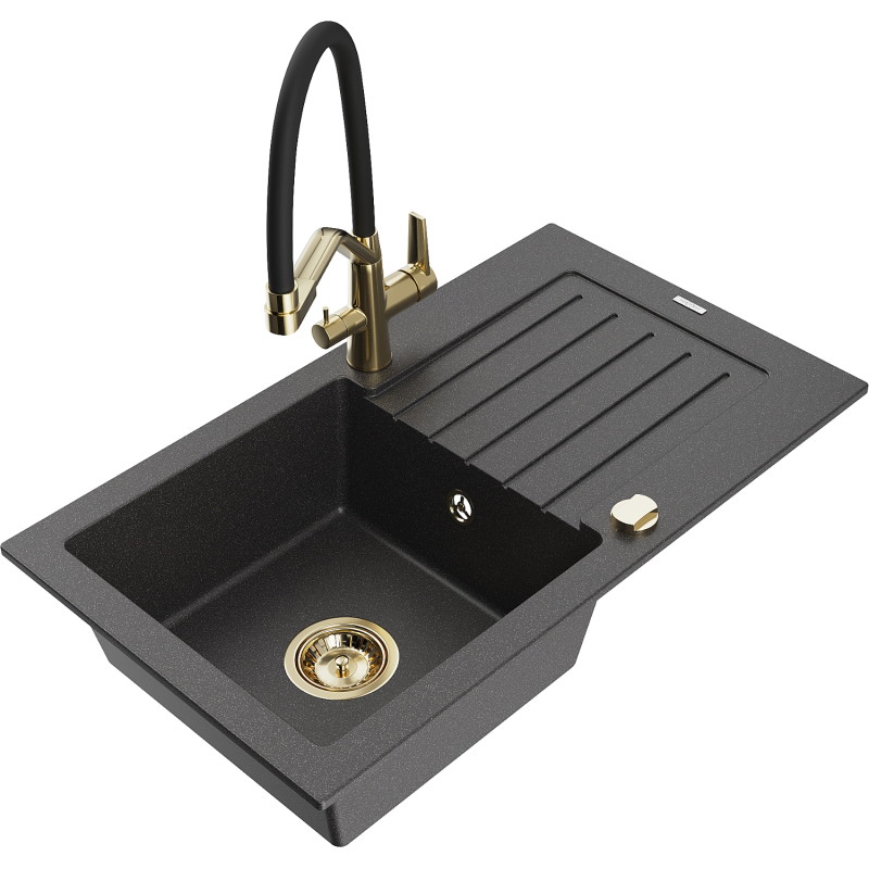 Mexen Pablo fregadero de granito de 1 seno con escurridor y grifo de cocina Duo, negro moteado - 6510-76-671701-57-G