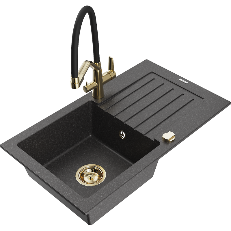 Mexen Pablo lavello in granito a 1 vasca con scolapiatti e rubinetto da cucina Duo, nero maculato - 6510-76-671701-57-G