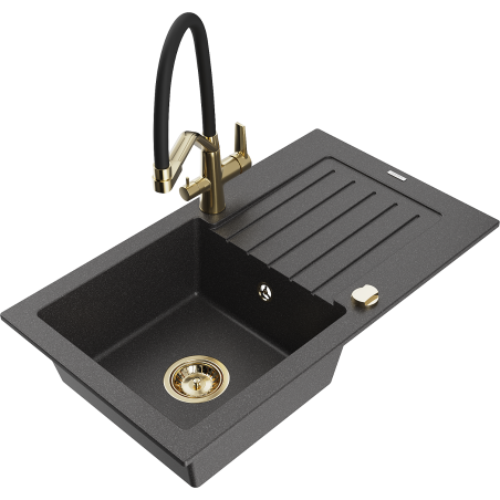 Mexen Pablo 1-bowl granite sink with drainer and Duo kitchen faucet, speckled black - 6510-76-671701-57-G