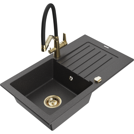 Mexen Pablo fregadero de granito de 1 cuenca con escurridor y grifo de cocina Duo, negro moteado - 6510-76-671701-57-G