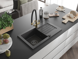 Mexen Pablo granite sink, 1-bowl with drainer and Duo kitchen mixer, black speckled - 6510-76-671701-57-B