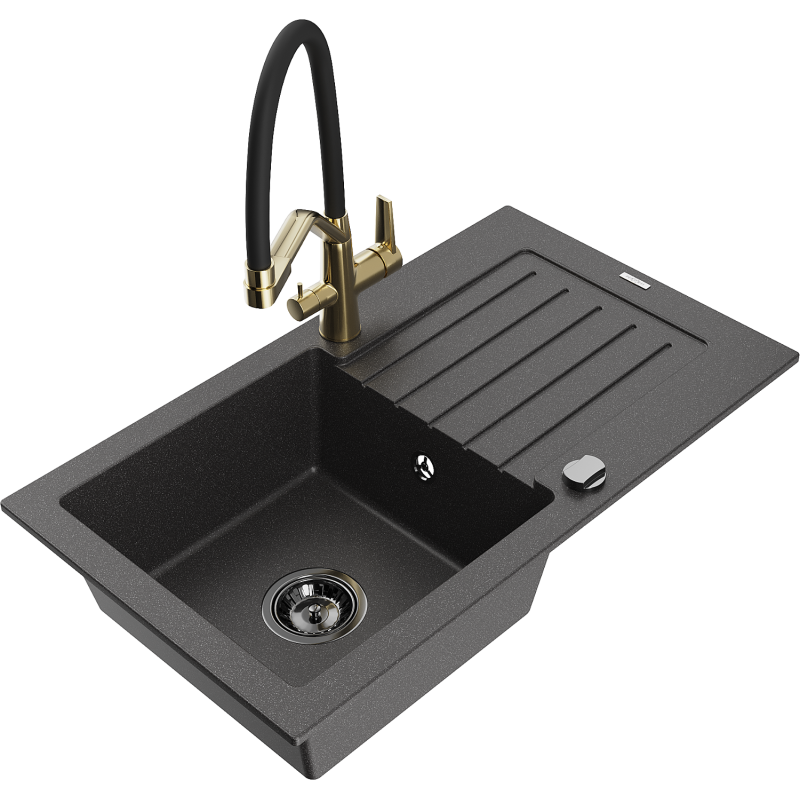 Mexen Pablo granit izlietne ar vienu nodalījumu ar noteku un virtuves jaucējkrānu Duo, melna ar šķirbām - 6510-76-671701-57-B