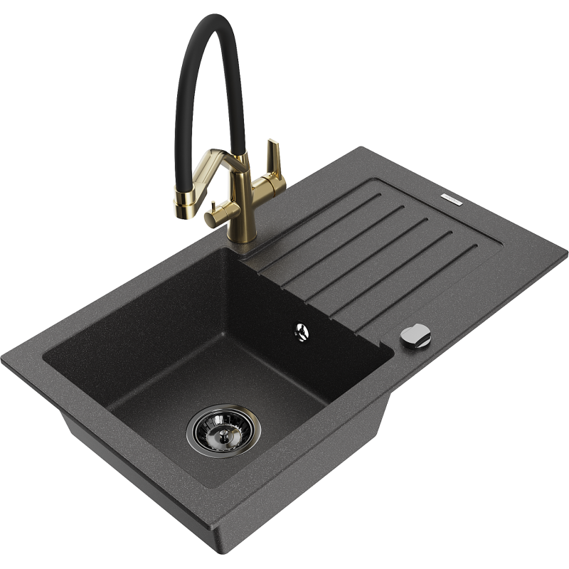 Mexen Pablo granite sink, 1-bowl with drainer and Duo kitchen mixer, black speckled - 6510-76-671701-57-B