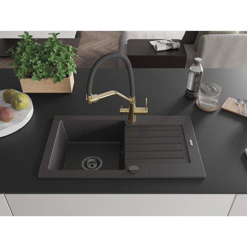 Mexen Pablo granite sink, 1-bowl with drainer and Duo kitchen mixer, black speckled - 6510-76-671701-57-B