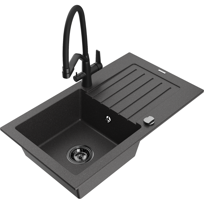 Mexen Pablo 1-bowl granite kitchen sink with drainer and Duo kitchen tap, black speckled - 6510-76-671701-70-B