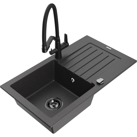 Mexen Pablo 1-bowl granite kitchen sink with drainer and Duo kitchen tap, black speckled - 6510-76-671701-70-B