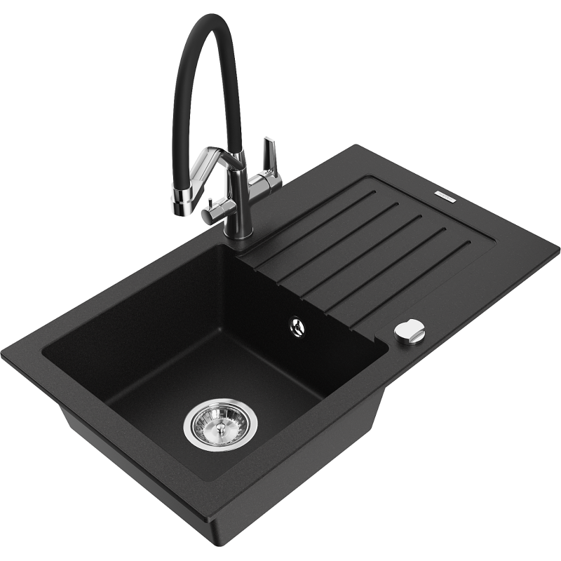 Mexen Pablo lava-loiça em granito de uma cuba com escorredor e torneira de cozinha Duo, preto - 6510-77-671701-07