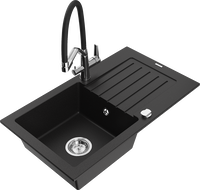 Mexen Pablo 1-bowl granite sink with drainer and Duo kitchen tap, black - 6510-77-671701-07