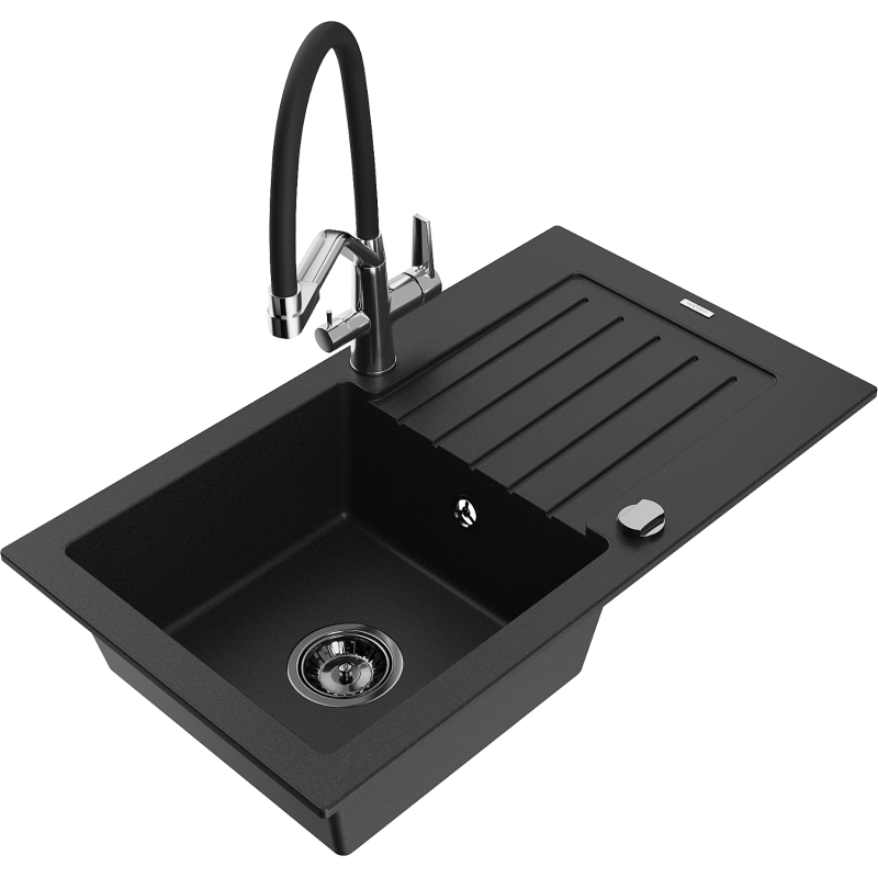 Mexen Pablo 1-bowl granite sink with drainer and Duo kitchen tap, black - 6510-77-671701-07-B