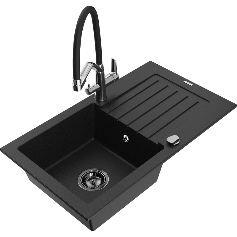 Mexen Pablo Granit-Spullsteen 1-Komore mat Oflaaf an Kichekran Duo, schwaarz - 6510-77-671701-07-B