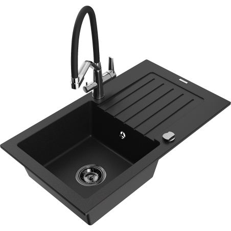 Mexen Pablo 1-bowl granite sink with drainer and Duo kitchen tap, black - 6510-77-671701-07-B