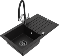 Mexen Pablo 1-bowl granite sink with drainer and Duo kitchen tap, black - 6510-77-671701-07-B