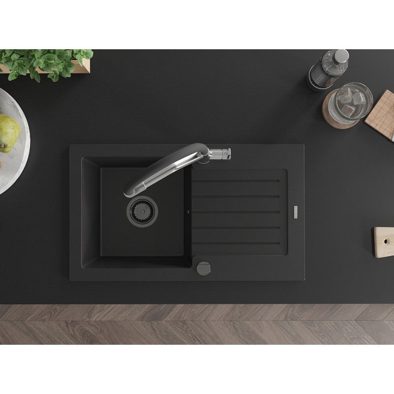 Mexen Pablo 1-bowl granite sink with drainer and Duo kitchen tap, black - 6510-77-671701-07-B