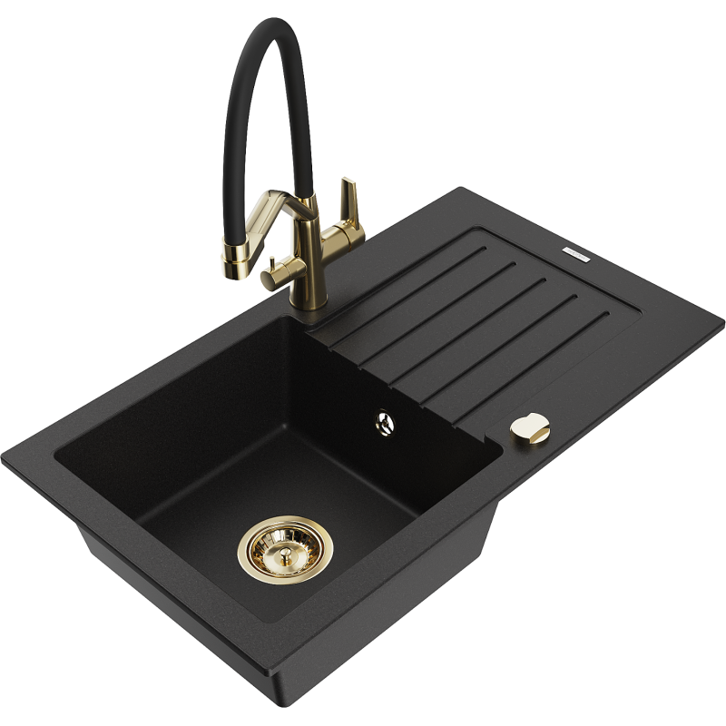 Mexen Pablo fregadero de granito de 1 seno con escurridor y grifo de cocina Duo, negro - 6510-77-671701-57-G