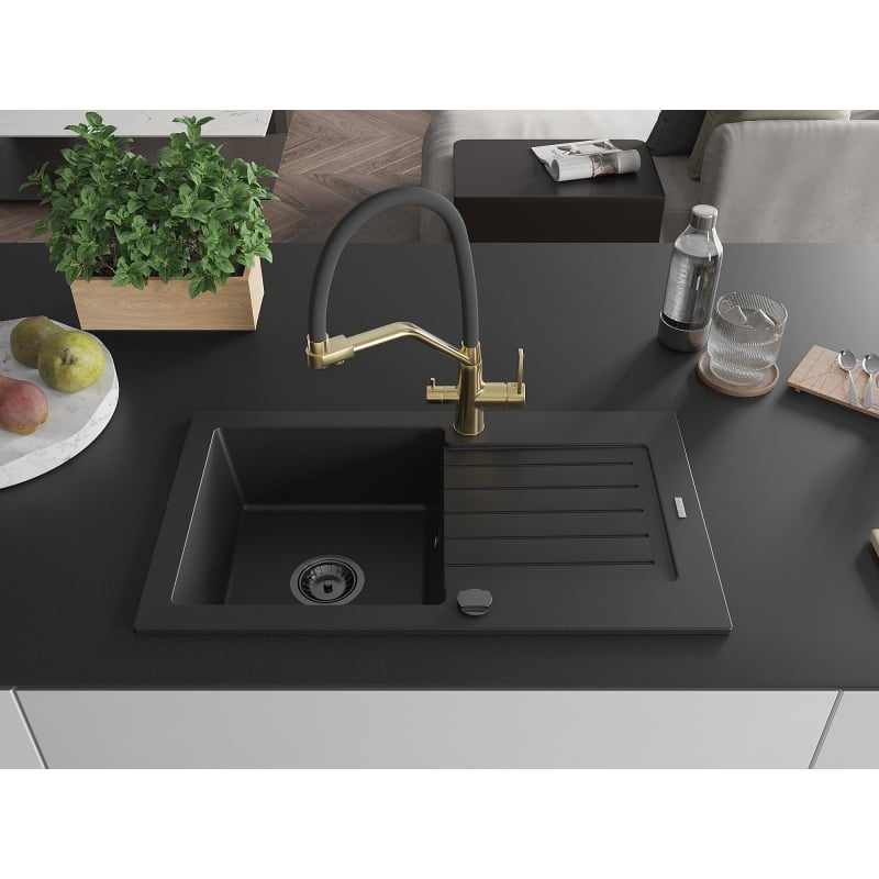 Mexen Pablo granite kitchen sink 1-bowl with drainer and Duo kitchen faucet, black - 6510-77-671701-57-B