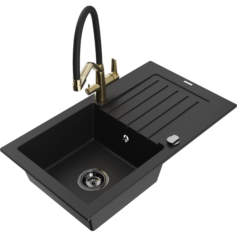 Mexen Pablo fregadero de granito 1-cubeta con escurridor y grifo de cocina Duo, negro - 6510-77-671701-57-B