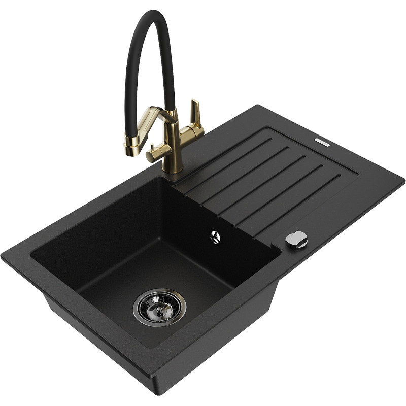 Mexen Pablo fregadero de granito de 1 tazón con escurridor y grifo de cocina Duo, negro - 6510-77-671701-57-B
