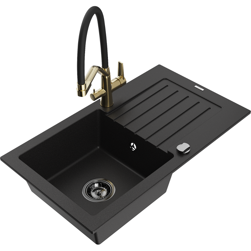 Mexen Pablo granitdiskho med 1 fack och avrinningsyta och kökskran Duo, svart - 6510-77-671701-57-B
