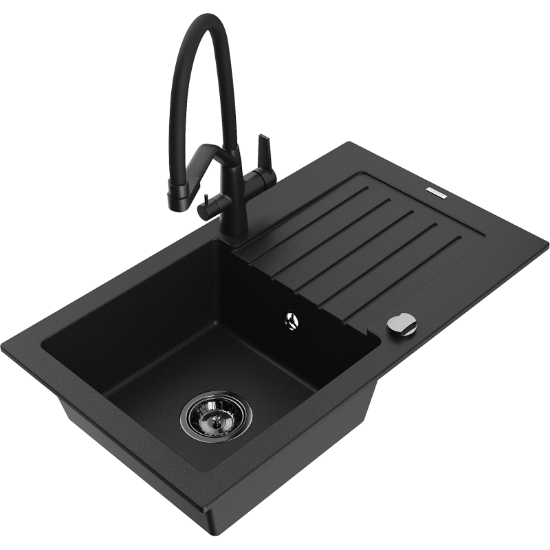 Mexen Pablo lava-louça de granito de 1 cuba com escorredor e torneira de cozinha Duo, preto - 6510-77-671701-70-B
