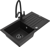 Mexen Pablo granite sink 1-bowl with drainer and Duo kitchen tap, black - 6510-77-671701-70-B