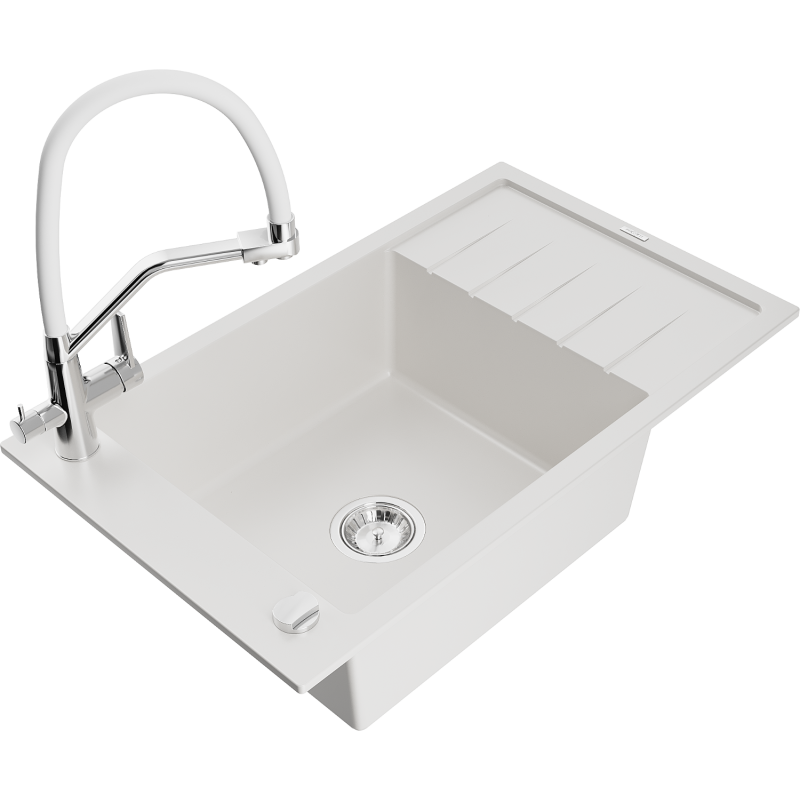 Mexen Elias fregadero de granito de 1 seno con escurridor y grifo de cocina Duo, blanco - 6511-20-671701-02