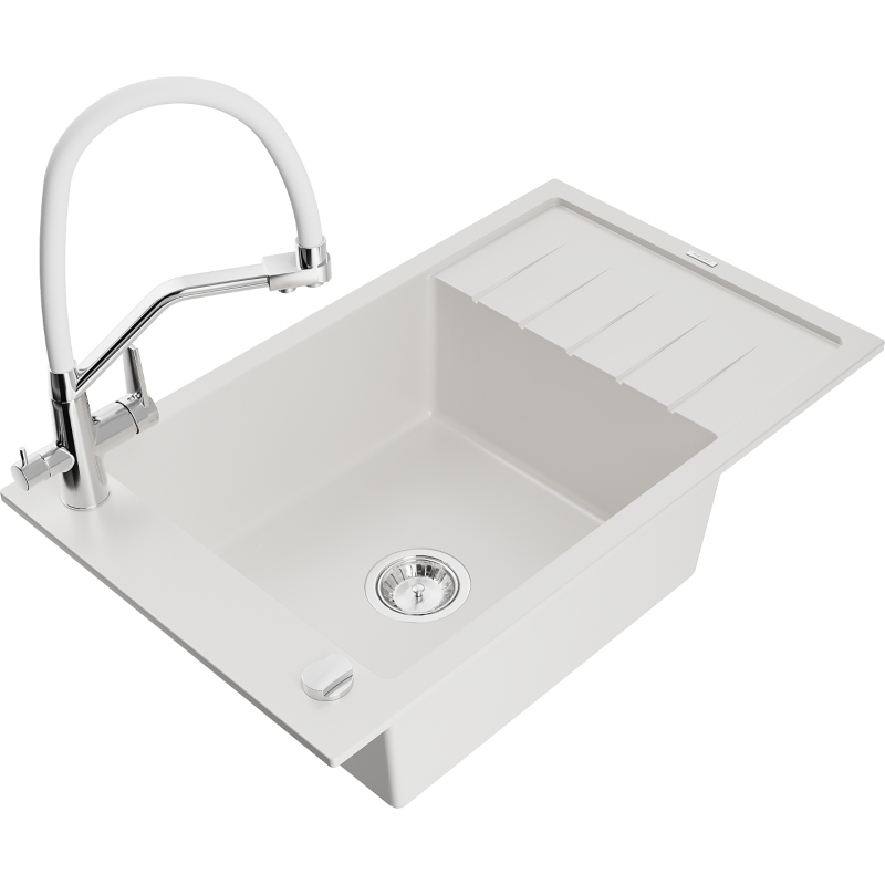 Mexen Elias lavello in granito a 1 vasca con sgocciolatoio e rubinetto da cucina Duo, bianco - 6511-20-671701-02