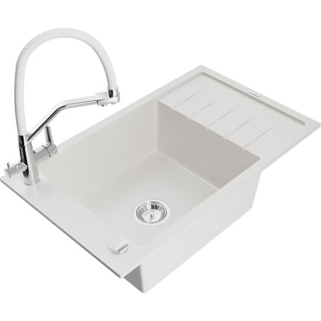 Mexen Elias fregadero de granito de 1 seno con escurridor y grifo de cocina Duo, blanco - 6511-20-671701-02