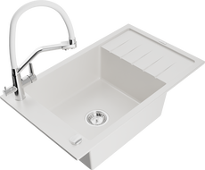 Mexen Elias single-bowl granite sink with drainer and Duo kitchen tap, white - 6511-20-671701-02