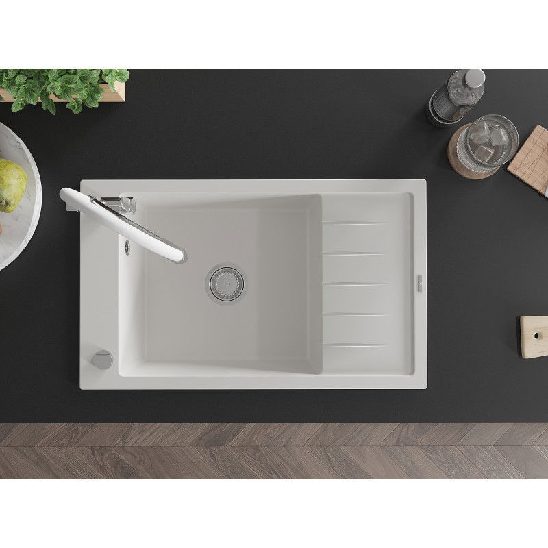 Mexen Elias single-bowl granite sink with drainer and Duo kitchen tap, white - 6511-20-671701-02