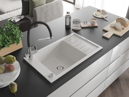 Mexen Elias fregadero de granito de 1 seno con escurridor y grifo de cocina Duo, blanco - 6511-20-671701-07