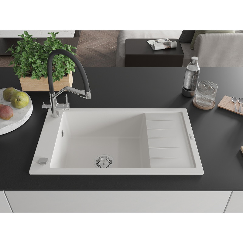 Mexen Elias fregadero de granito de 1 cubeta con escurridor y grifo de cocina Duo, blanco - 6511-20-671701-07