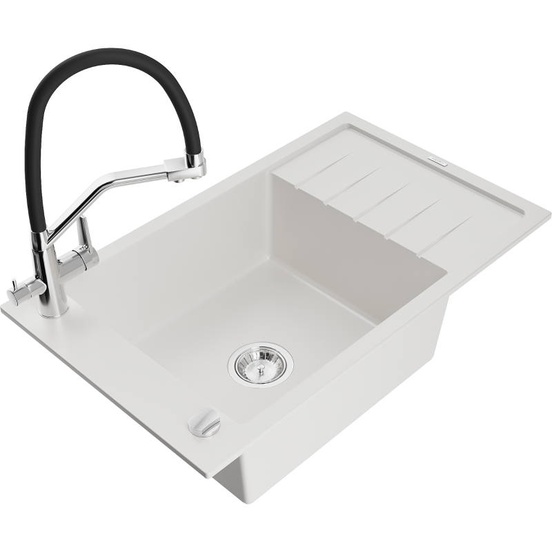 Mexen Elias single-bowl granite sink with drainer and Duo kitchen tap, white - 6511-20-671701-07