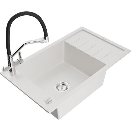 Mexen Elias fregadero de granito de 1 cuenco con escurridor y grifo de cocina Duo, blanco - 6511-20-671701-07