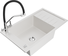 Mexen Elias single-bowl granite sink with drainer and Duo kitchen tap, white - 6511-20-671701-07