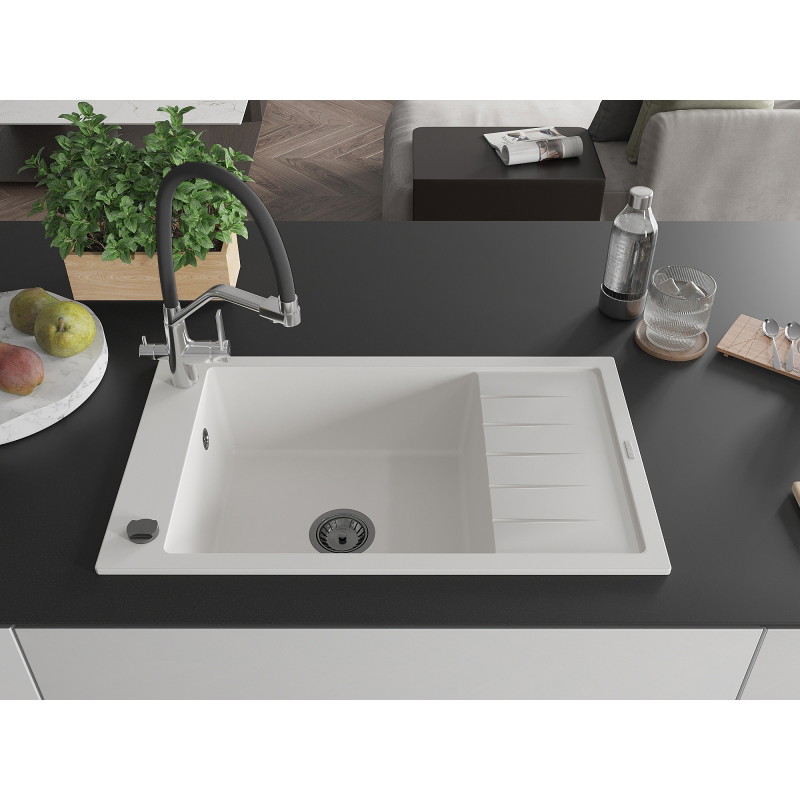 Mexen Elias fregadero de granito de 1 compartimento con escurridor y grifo de cocina Duo, blanco - 6511-20-671701-07-B