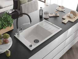 Mexen Elias 1-Bowl Granite Sink with Drainer and Duo Kitchen Tap, White - 6511-20-671701-07-B