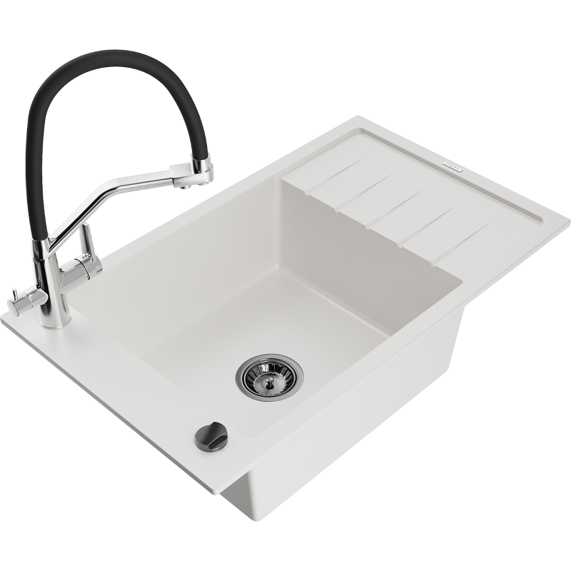 Mexen Elias fregadero de granito de 1 cubeta con escurridor y grifo de cocina Duo, blanco - 6511-20-671701-07-B