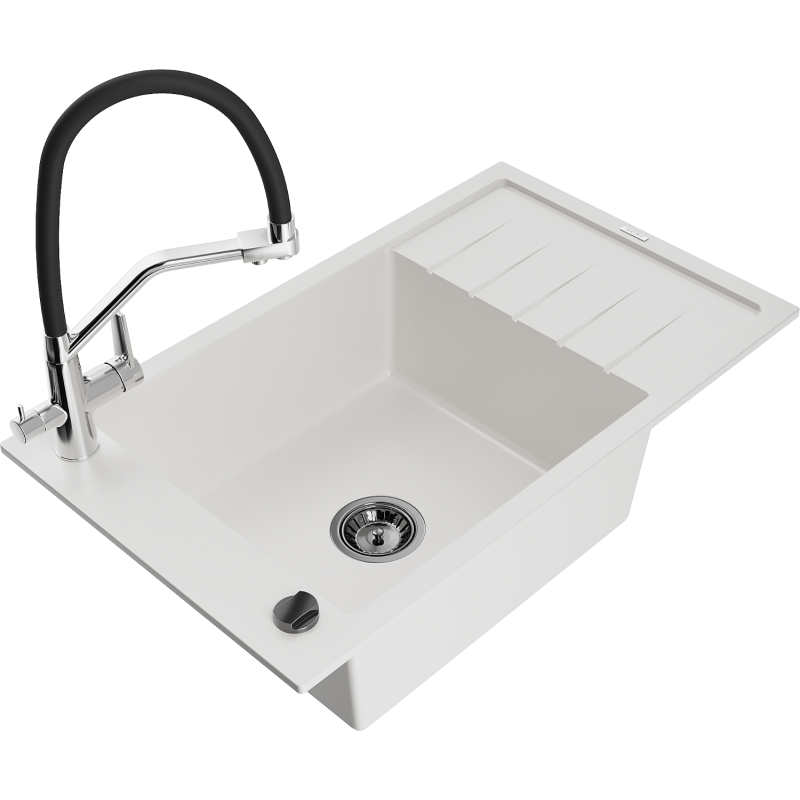 Mexen Elias lavello in granito a 1 vasca con gocciolatoio e miscelatore da cucina Duo, bianco - 6511-20-671701-07-B
