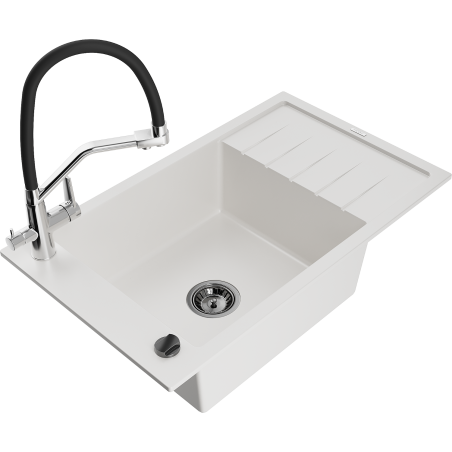 Mexen Elias fregadero de granito de 1 cubeta con escurridor y grifo de cocina Duo, blanco - 6511-20-671701-07-B